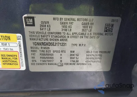 2014 Chevrolet Traverse Lt from USA, damaged, VIN 1GNKRGKD5EJ171231